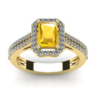 1 1/3 Carat Citrine and Halo Diamond Ring In 14 Karat Yellow Gold