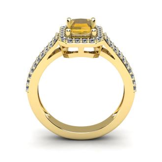 1 1/3 Carat Citrine and Halo Diamond Ring In 14 Karat Yellow Gold