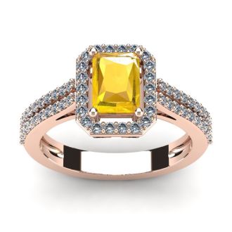 1 1/3 Carat Citrine and Halo Diamond Ring In 14 Karat Rose Gold