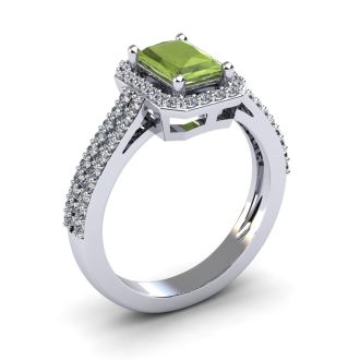 1 1/2 Carat Peridot and Halo Diamond Ring In 14 Karat White Gold