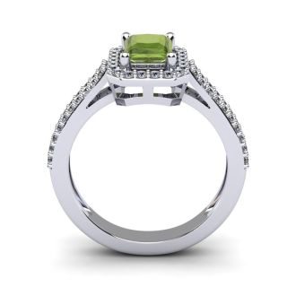 1 1/2 Carat Peridot and Halo Diamond Ring In 14 Karat White Gold