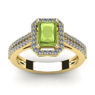 1 1/2 Carat Peridot and Halo Diamond Ring In 14 Karat Yellow Gold