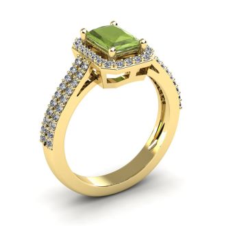1 1/2 Carat Peridot and Halo Diamond Ring In 14 Karat Yellow Gold