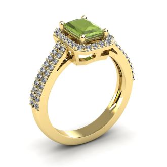 1 1/2 Carat Peridot and Halo Diamond Ring In 14 Karat Yellow Gold