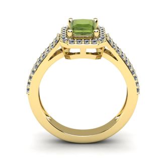 1 1/2 Carat Peridot and Halo Diamond Ring In 14 Karat Yellow Gold