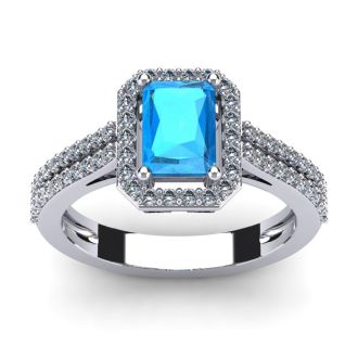 1 1/2 Carat Blue Topaz and Halo Diamond Ring In 14 Karat White Gold