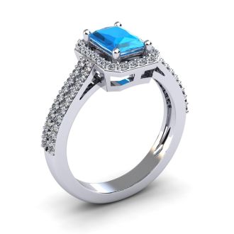 1 1/2 Carat Blue Topaz and Halo Diamond Ring In 14 Karat White Gold