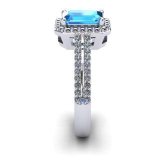 1 1/2 Carat Blue Topaz and Halo Diamond Ring In 14 Karat White Gold