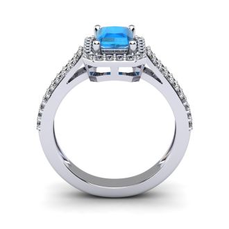 1 1/2 Carat Blue Topaz and Halo Diamond Ring In 14 Karat White Gold