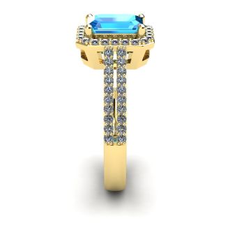 1 1/2 Carat Blue Topaz and Halo Diamond Ring In 14 Karat Yellow Gold