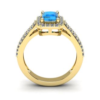 1 1/2 Carat Blue Topaz and Halo Diamond Ring In 14 Karat Yellow Gold