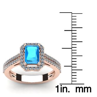 1 1/2 Carat Blue Topaz and Halo Diamond Ring In 14 Karat Rose Gold