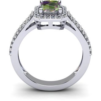 1-1/3 Carat Octagon Shape Mystic Topaz Ring With Diamond Halo In 14 Karat White Gold