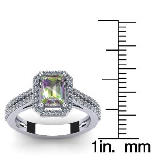 1-1/3 Carat Octagon Shape Mystic Topaz Ring With Diamond Halo In 14 Karat White Gold