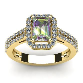 1-1/3 Carat Octagon Shape Mystic Topaz Ring With Diamond Halo In 14 Karat Yellow Gold