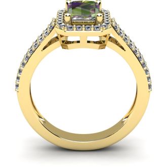 1-1/3 Carat Octagon Shape Mystic Topaz Ring With Diamond Halo In 14 Karat Yellow Gold