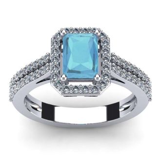 Aquamarine Ring: Aquamarine Jewelry: 1 1/3 Carat Aquamarine and Halo Diamond Ring In 14 Karat White Gold