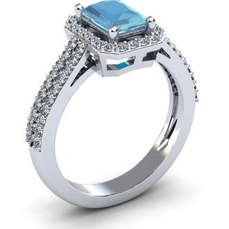 Aquamarine Ring: Aquamarine Jewelry: 1 1/3 Carat Aquamarine and Halo Diamond Ring In 14 Karat White Gold
