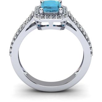 Aquamarine Ring: Aquamarine Jewelry: 1 1/3 Carat Aquamarine and Halo Diamond Ring In 14 Karat White Gold