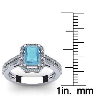 Aquamarine Ring: Aquamarine Jewelry: 1 1/3 Carat Aquamarine and Halo Diamond Ring In 14 Karat White Gold