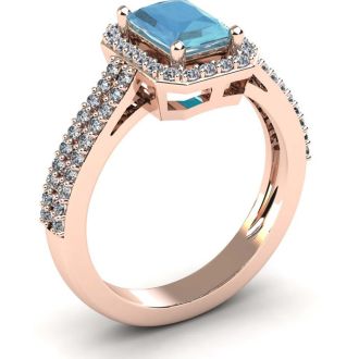 1 1/3 Carat Aquamarine and Halo Diamond Ring In 14 Karat Rose Gold