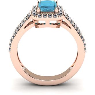 Aquamarine Ring: Aquamarine Jewelry: 1 1/3 Carat Aquamarine and Halo Diamond Ring In 14 Karat Rose Gold