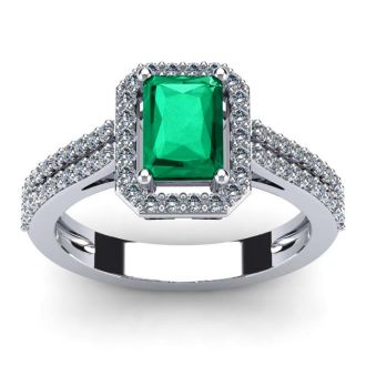 1 1/3 Carat Emerald and Halo Diamond Ring In 14 Karat White Gold