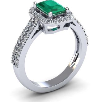 1 1/3 Carat Emerald and Halo Diamond Ring In 14 Karat White Gold