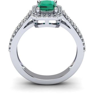 1 1/3 Carat Emerald and Halo Diamond Ring In 14 Karat White Gold