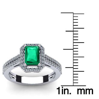 1 1/3 Carat Emerald and Halo Diamond Ring In 14 Karat White Gold