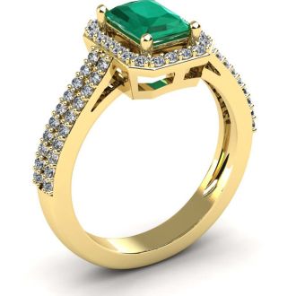 1 1/3 Carat Emerald and Halo Diamond Ring In 14 Karat Yellow Gold