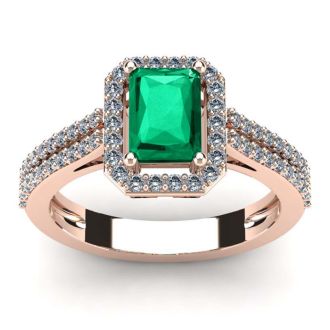 1 1/3 Carat Emerald and Halo Diamond Ring In 14 Karat Rose Gold