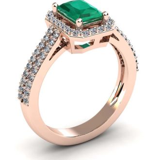 1 1/3 Carat Emerald and Halo Diamond Ring In 14 Karat Rose Gold