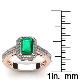 1 1/3 Carat Emerald and Halo Diamond Ring In 14 Karat Rose Gold
