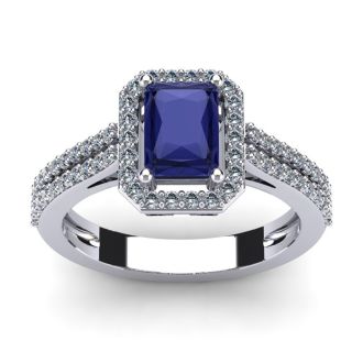 1 1/2 Carat Tanzanite and Halo Diamond Ring In 14 Karat White Gold