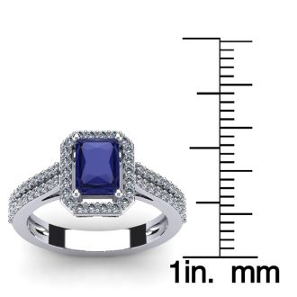 1 1/2 Carat Tanzanite and Halo Diamond Ring In 14 Karat White Gold