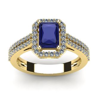 1 1/2 Carat Tanzanite and Halo Diamond Ring In 14 Karat Yellow Gold