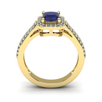 1 1/2 Carat Tanzanite and Halo Diamond Ring In 14 Karat Yellow Gold