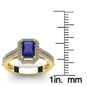 1 1/2 Carat Tanzanite and Halo Diamond Ring In 14 Karat Yellow Gold