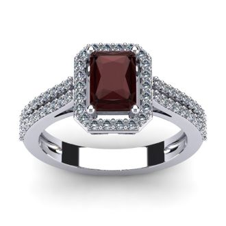 Garnet Ring: Garnet Jewelry: 1 3/4 Carat Garnet and Halo Diamond Ring In 14 Karat White Gold