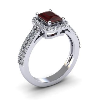 Garnet Ring: Garnet Jewelry: 1 3/4 Carat Garnet and Halo Diamond Ring In 14 Karat White Gold