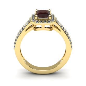 Garnet Ring: Garnet Jewelry: 1 3/4 Carat Garnet and Halo Diamond Ring In 14 Karat Yellow Gold