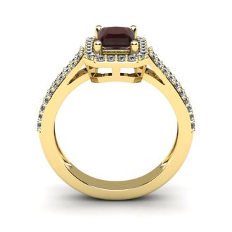 Garnet Ring: Garnet Jewelry: 1 3/4 Carat Garnet and Halo Diamond Ring In 14 Karat Yellow Gold