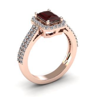 Garnet Ring: Garnet Jewelry: 1 3/4 Carat Garnet and Halo Diamond Ring In 14 Karat Rose Gold