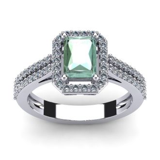 1 1/3 Carat Green Amethyst and Halo Diamond Ring In 14 Karat White Gold
