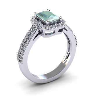 1 1/3 Carat Green Amethyst and Halo Diamond Ring In 14 Karat White Gold