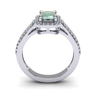 1 1/3 Carat Green Amethyst and Halo Diamond Ring In 14 Karat White Gold