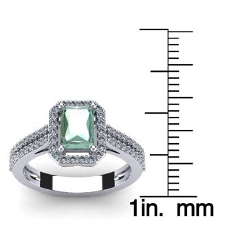 1 1/3 Carat Green Amethyst and Halo Diamond Ring In 14 Karat White Gold