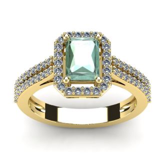 1 1/3 Carat Green Amethyst and Halo Diamond Ring In 14 Karat Yellow Gold