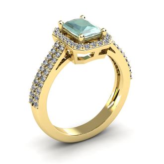 1 1/3 Carat Green Amethyst and Halo Diamond Ring In 14 Karat Yellow Gold